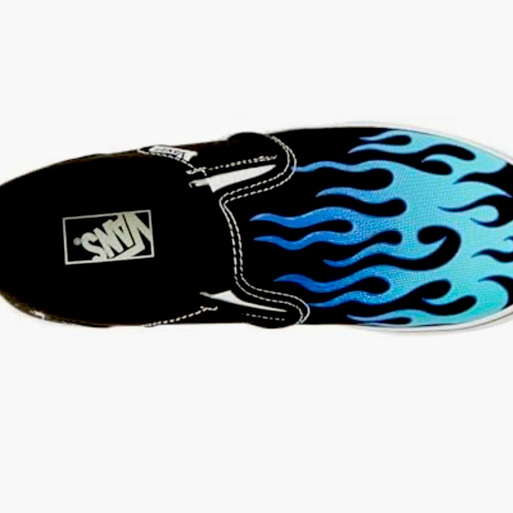 Vans Black and Blue Flame Slip-On Shoes